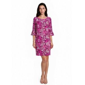 Pappagallo Floral Dress Women's Size Large Pink Purple Ruffle Sleeve Boat Neck